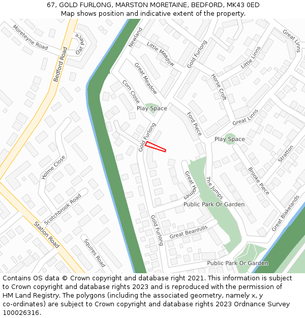 67, GOLD FURLONG, MARSTON MORETAINE, BEDFORD, MK43 0ED: Location map and indicative extent of plot