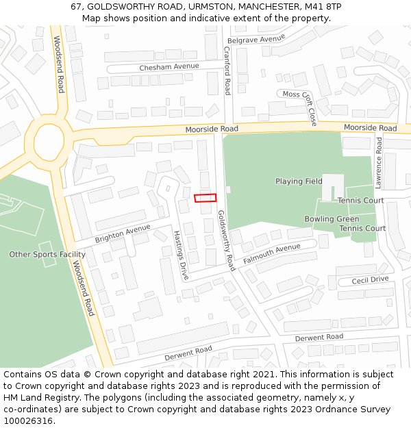 67, GOLDSWORTHY ROAD, URMSTON, MANCHESTER, M41 8TP: Location map and indicative extent of plot