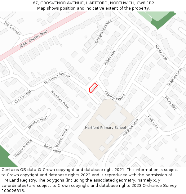 67, GROSVENOR AVENUE, HARTFORD, NORTHWICH, CW8 1RP: Location map and indicative extent of plot