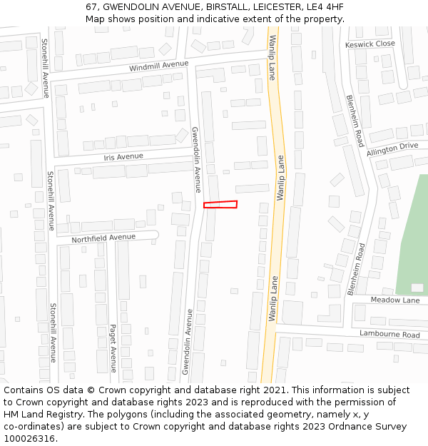 67, GWENDOLIN AVENUE, BIRSTALL, LEICESTER, LE4 4HF: Location map and indicative extent of plot