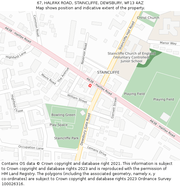 67, HALIFAX ROAD, STAINCLIFFE, DEWSBURY, WF13 4AZ: Location map and indicative extent of plot