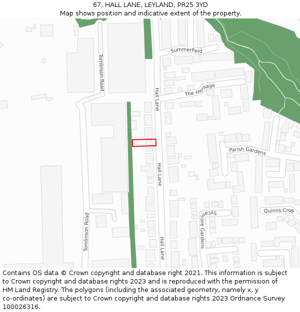 67, HALL LANE, LEYLAND, PR25 3YD: Location map and indicative extent of plot
