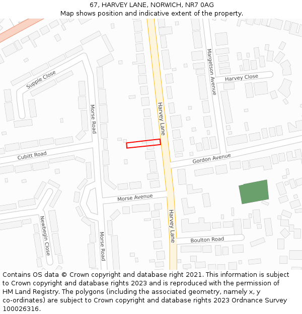 67, HARVEY LANE, NORWICH, NR7 0AG: Location map and indicative extent of plot