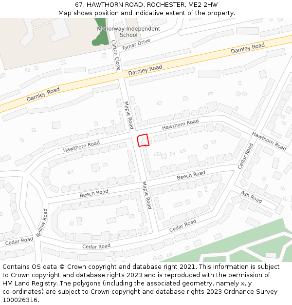 67, HAWTHORN ROAD, ROCHESTER, ME2 2HW: Location map and indicative extent of plot