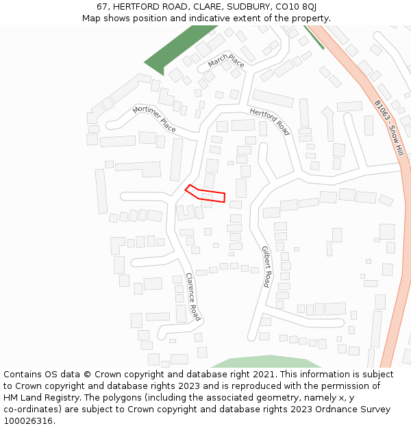 67, HERTFORD ROAD, CLARE, SUDBURY, CO10 8QJ: Location map and indicative extent of plot