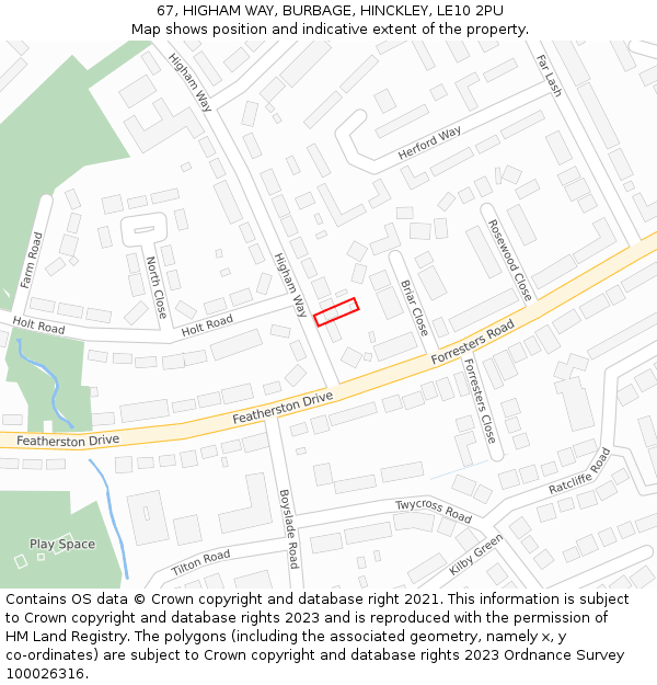 67, HIGHAM WAY, BURBAGE, HINCKLEY, LE10 2PU: Location map and indicative extent of plot