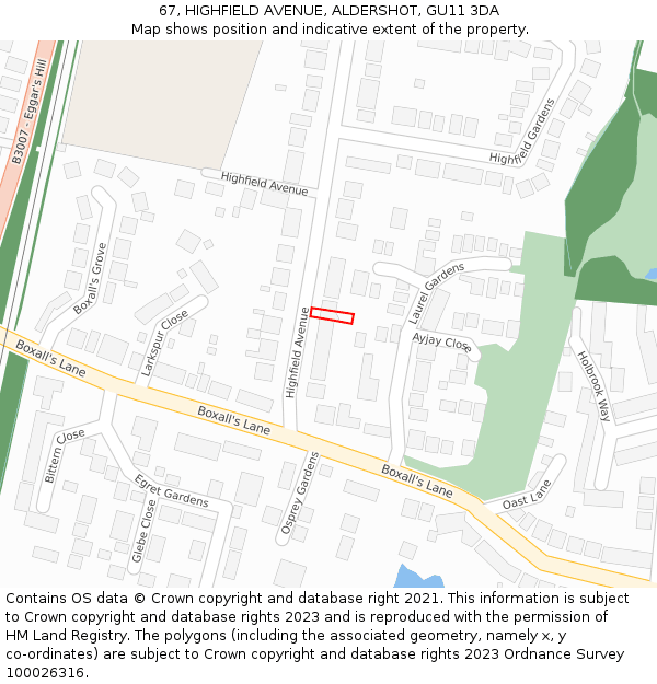67, HIGHFIELD AVENUE, ALDERSHOT, GU11 3DA: Location map and indicative extent of plot