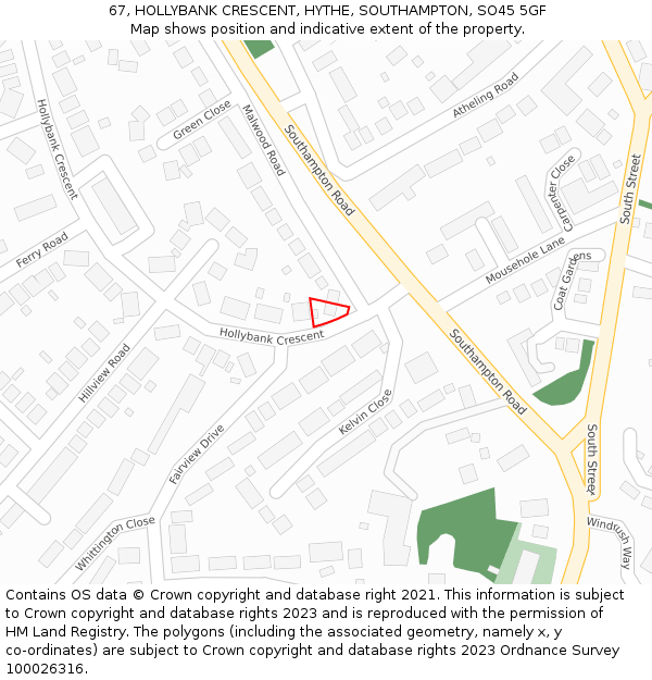 67, HOLLYBANK CRESCENT, HYTHE, SOUTHAMPTON, SO45 5GF: Location map and indicative extent of plot