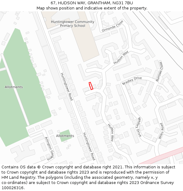 67, HUDSON WAY, GRANTHAM, NG31 7BU: Location map and indicative extent of plot