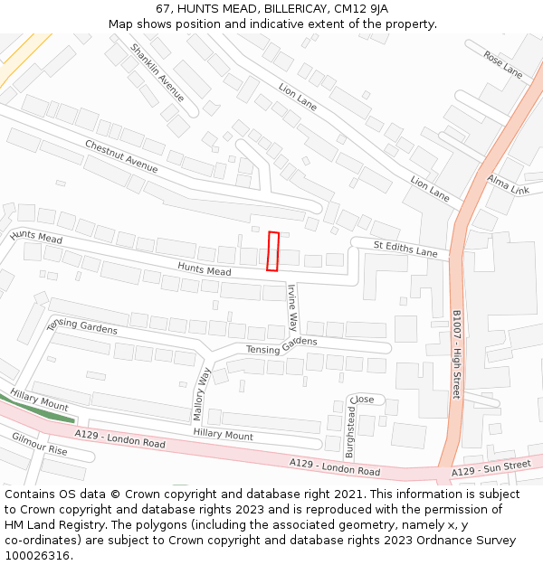 67, HUNTS MEAD, BILLERICAY, CM12 9JA: Location map and indicative extent of plot
