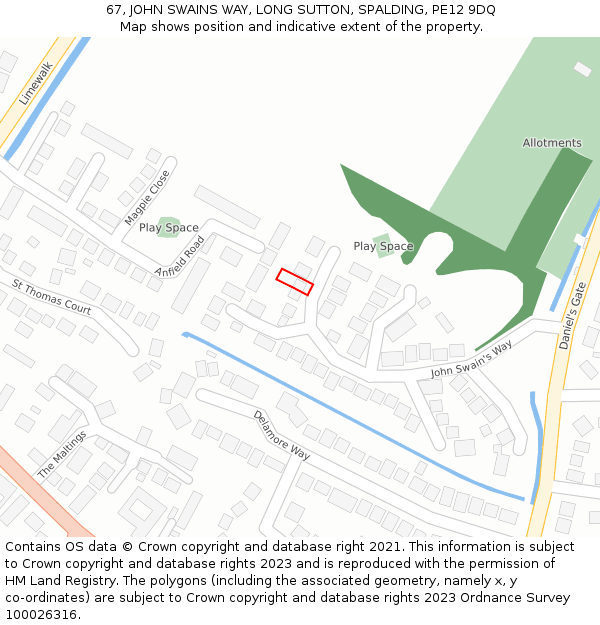 67, JOHN SWAINS WAY, LONG SUTTON, SPALDING, PE12 9DQ: Location map and indicative extent of plot
