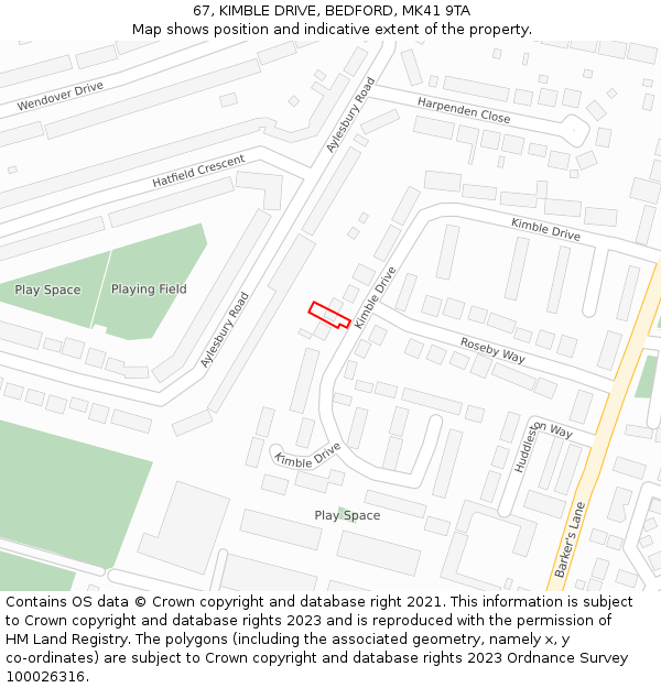 67, KIMBLE DRIVE, BEDFORD, MK41 9TA: Location map and indicative extent of plot