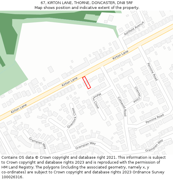 67, KIRTON LANE, THORNE, DONCASTER, DN8 5RF: Location map and indicative extent of plot