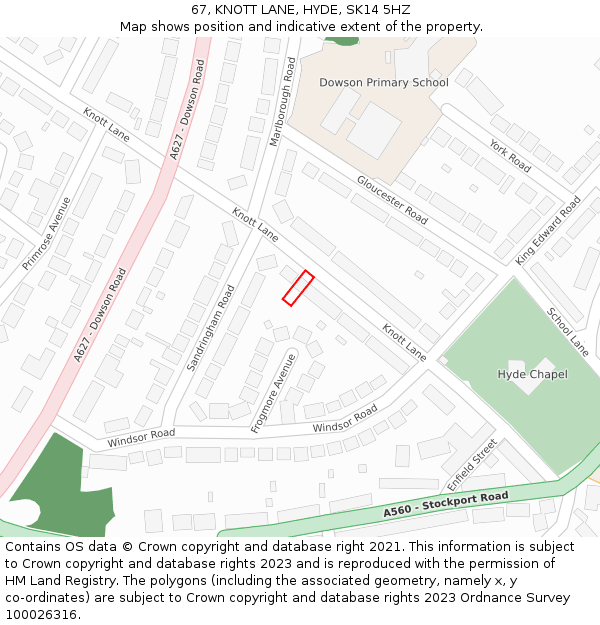 67, KNOTT LANE, HYDE, SK14 5HZ: Location map and indicative extent of plot