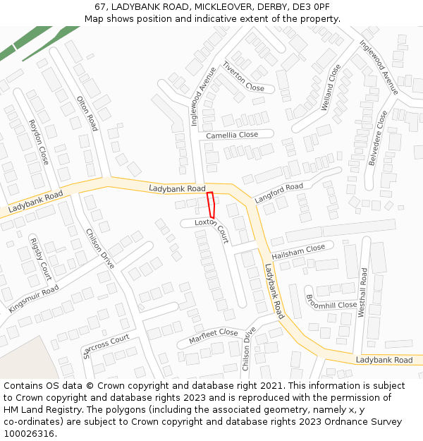 67, LADYBANK ROAD, MICKLEOVER, DERBY, DE3 0PF: Location map and indicative extent of plot