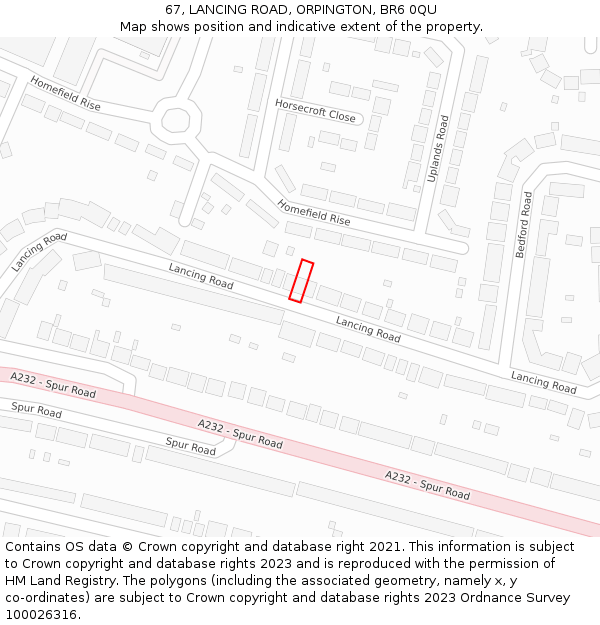 67, LANCING ROAD, ORPINGTON, BR6 0QU: Location map and indicative extent of plot