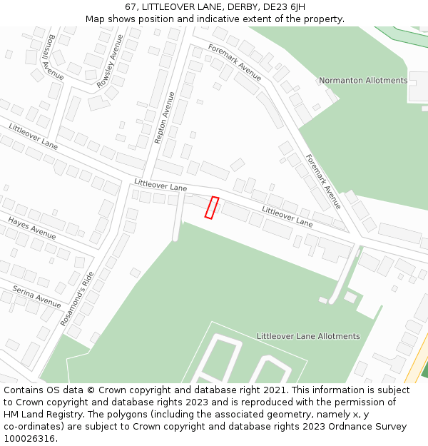 67, LITTLEOVER LANE, DERBY, DE23 6JH: Location map and indicative extent of plot