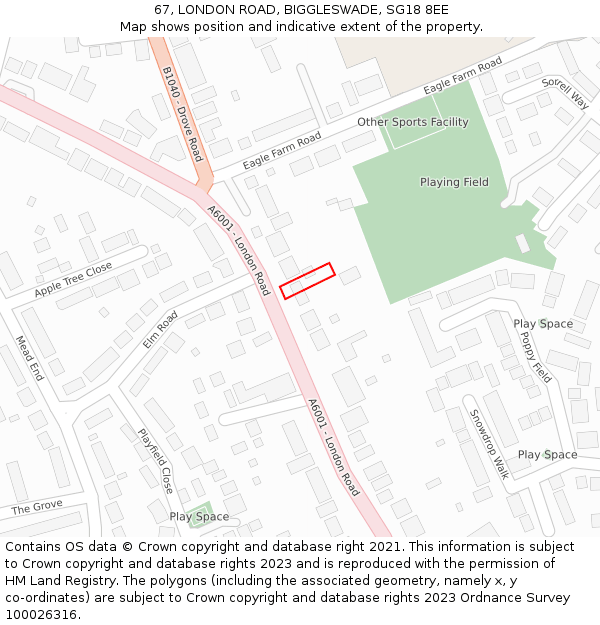 67, LONDON ROAD, BIGGLESWADE, SG18 8EE: Location map and indicative extent of plot