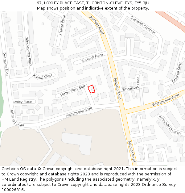 67, LOXLEY PLACE EAST, THORNTON-CLEVELEYS, FY5 3JU: Location map and indicative extent of plot