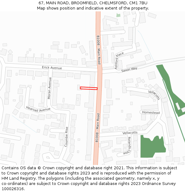 67, MAIN ROAD, BROOMFIELD, CHELMSFORD, CM1 7BU: Location map and indicative extent of plot