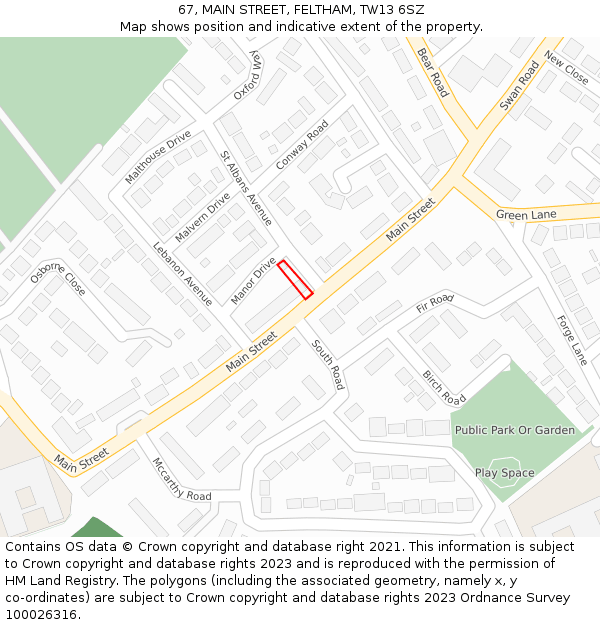 67, MAIN STREET, FELTHAM, TW13 6SZ: Location map and indicative extent of plot