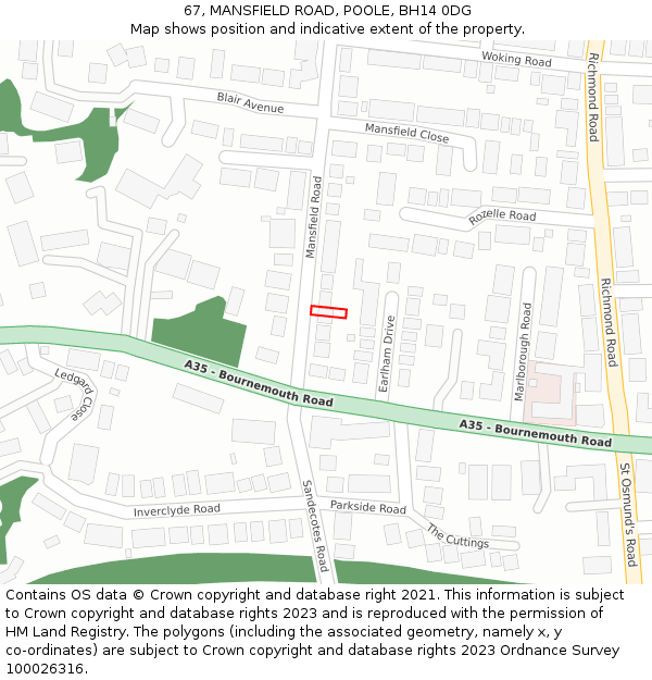 67, MANSFIELD ROAD, POOLE, BH14 0DG: Location map and indicative extent of plot