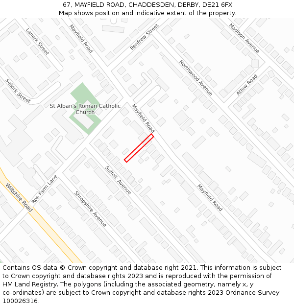 67, MAYFIELD ROAD, CHADDESDEN, DERBY, DE21 6FX: Location map and indicative extent of plot