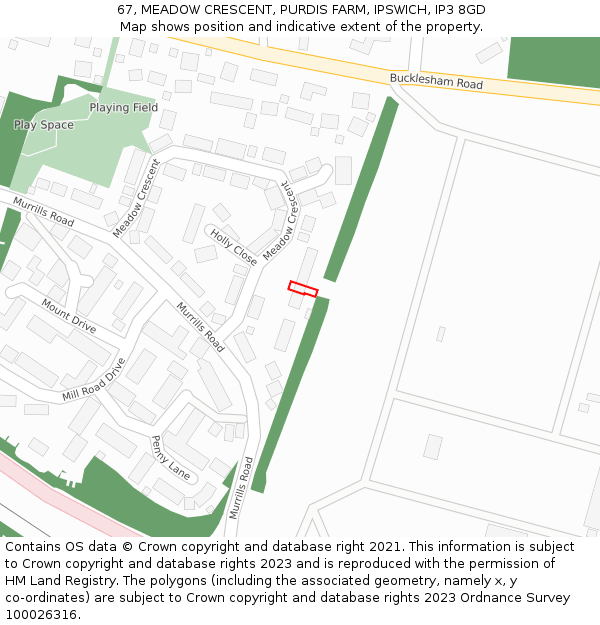 67, MEADOW CRESCENT, PURDIS FARM, IPSWICH, IP3 8GD: Location map and indicative extent of plot