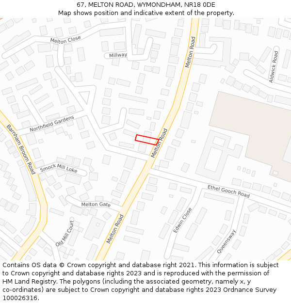 67, MELTON ROAD, WYMONDHAM, NR18 0DE: Location map and indicative extent of plot