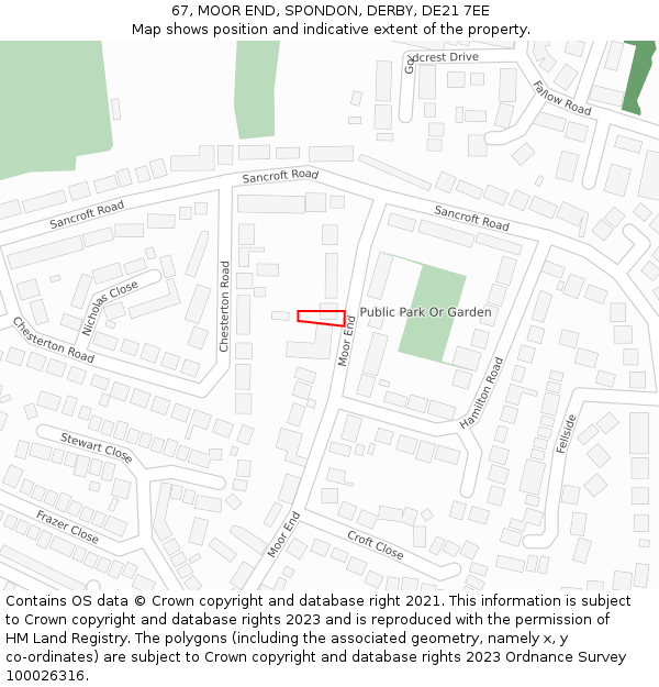 67, MOOR END, SPONDON, DERBY, DE21 7EE: Location map and indicative extent of plot