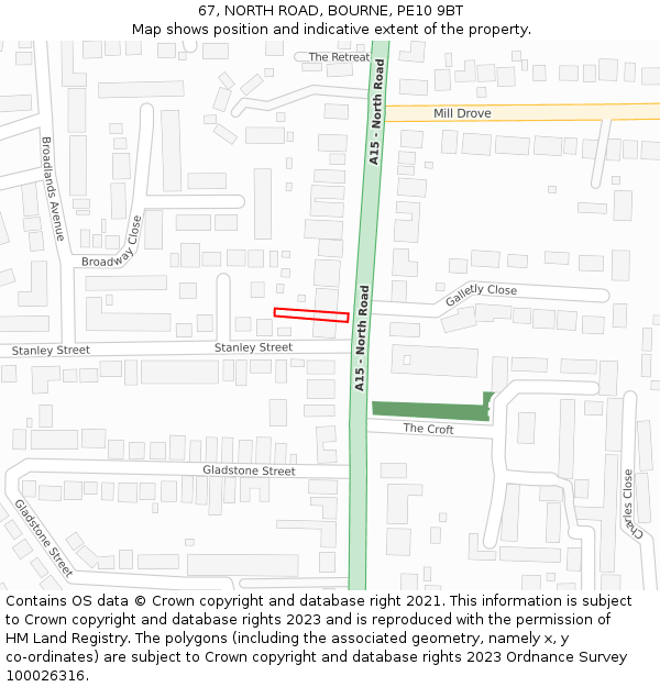 67, NORTH ROAD, BOURNE, PE10 9BT: Location map and indicative extent of plot