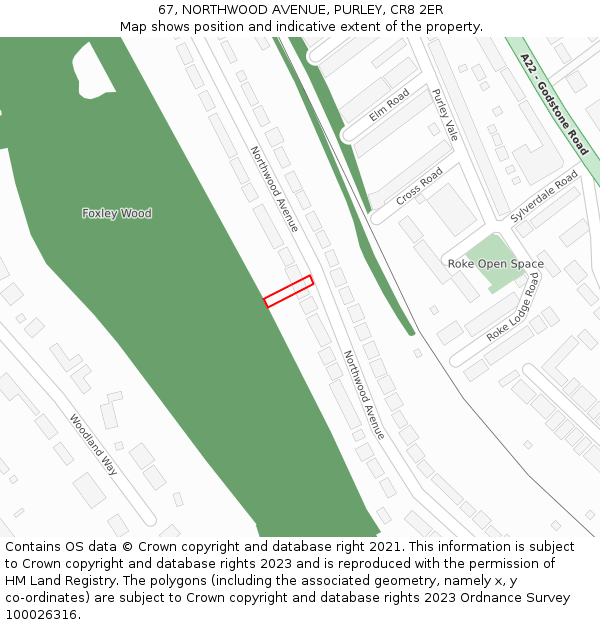 67, NORTHWOOD AVENUE, PURLEY, CR8 2ER: Location map and indicative extent of plot