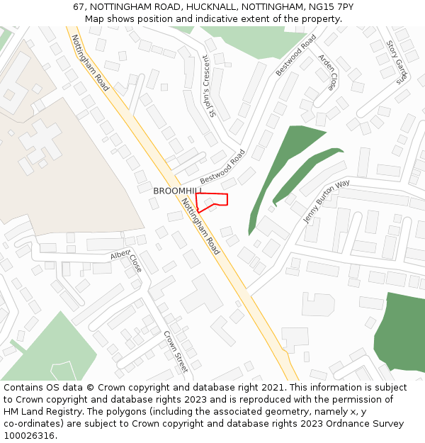 67, NOTTINGHAM ROAD, HUCKNALL, NOTTINGHAM, NG15 7PY: Location map and indicative extent of plot