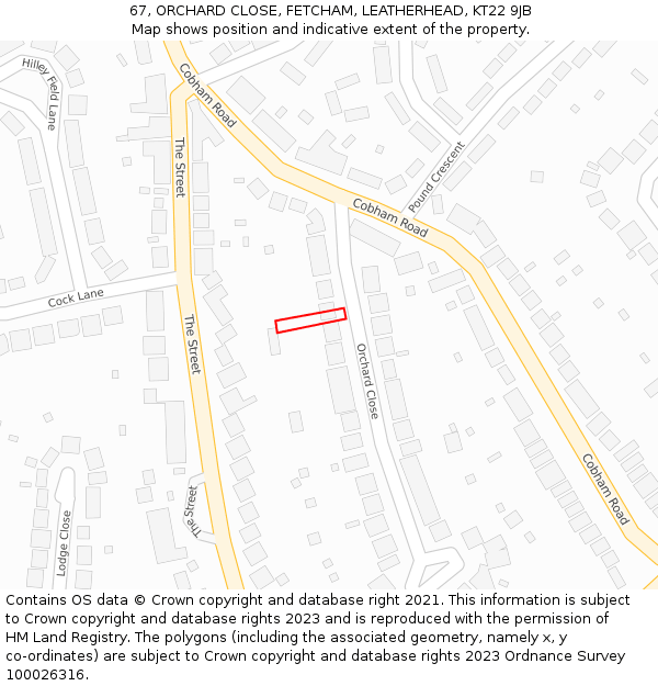 67, ORCHARD CLOSE, FETCHAM, LEATHERHEAD, KT22 9JB: Location map and indicative extent of plot
