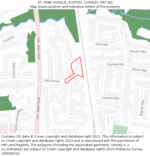 67, PARK AVENUE, EUXTON, CHORLEY, PR7 6JQ: Location map and indicative extent of plot