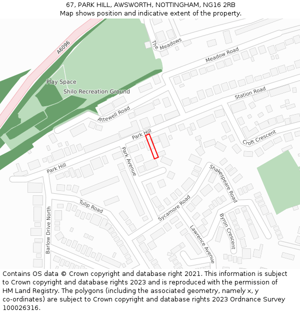 67, PARK HILL, AWSWORTH, NOTTINGHAM, NG16 2RB: Location map and indicative extent of plot
