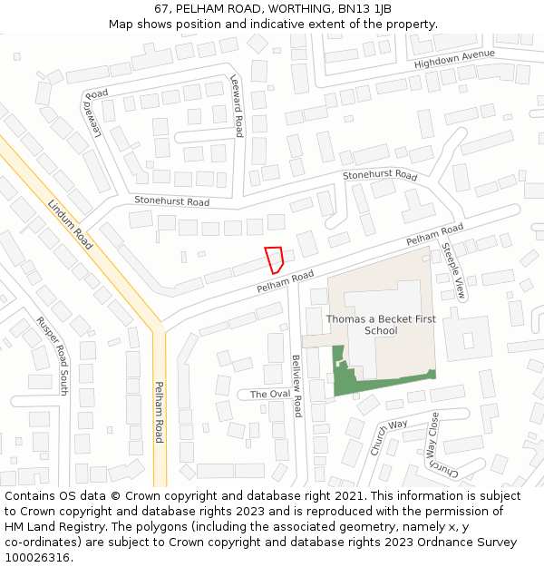 67, PELHAM ROAD, WORTHING, BN13 1JB: Location map and indicative extent of plot