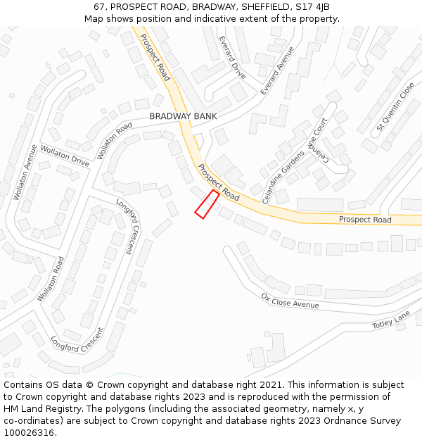 67, PROSPECT ROAD, BRADWAY, SHEFFIELD, S17 4JB: Location map and indicative extent of plot