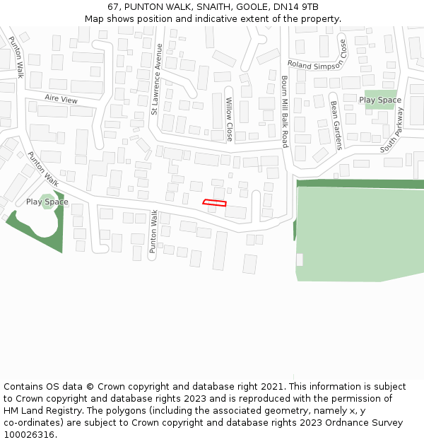 67, PUNTON WALK, SNAITH, GOOLE, DN14 9TB: Location map and indicative extent of plot