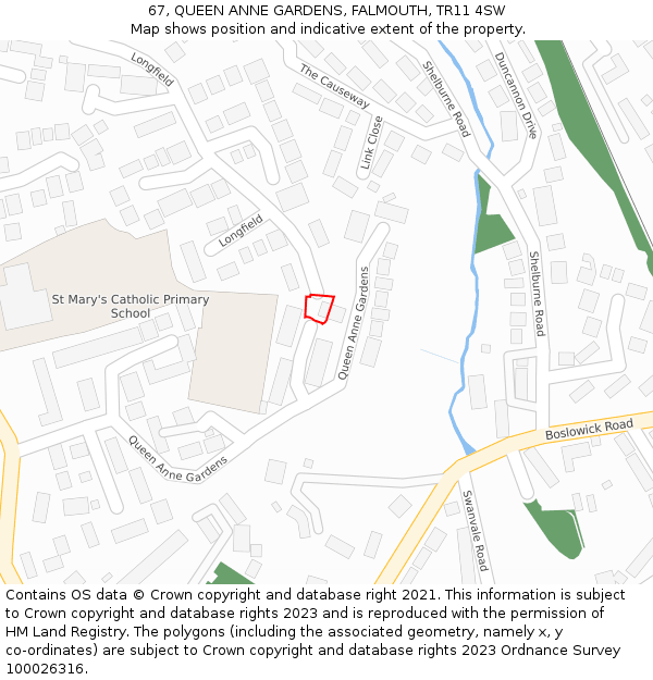 67, QUEEN ANNE GARDENS, FALMOUTH, TR11 4SW: Location map and indicative extent of plot