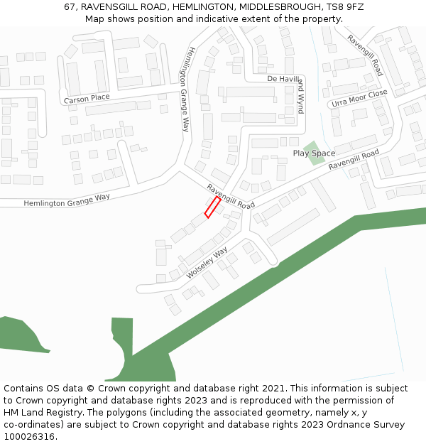 67, RAVENSGILL ROAD, HEMLINGTON, MIDDLESBROUGH, TS8 9FZ: Location map and indicative extent of plot