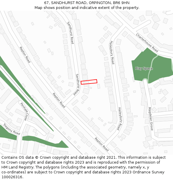 67, SANDHURST ROAD, ORPINGTON, BR6 9HN: Location map and indicative extent of plot