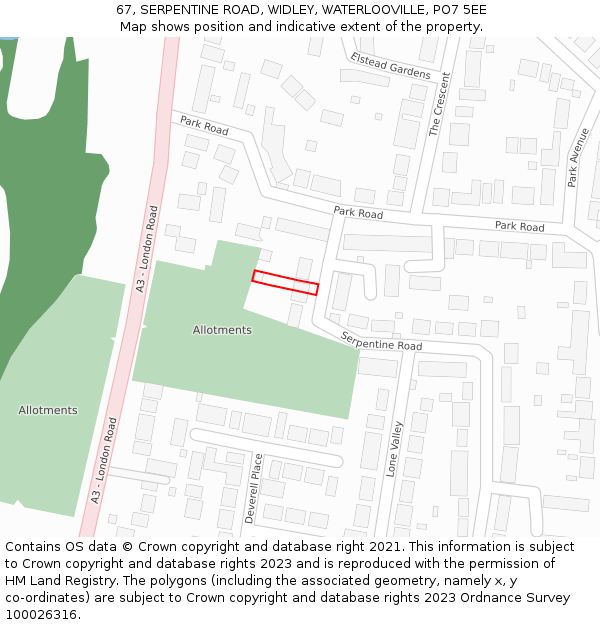 67, SERPENTINE ROAD, WIDLEY, WATERLOOVILLE, PO7 5EE: Location map and indicative extent of plot