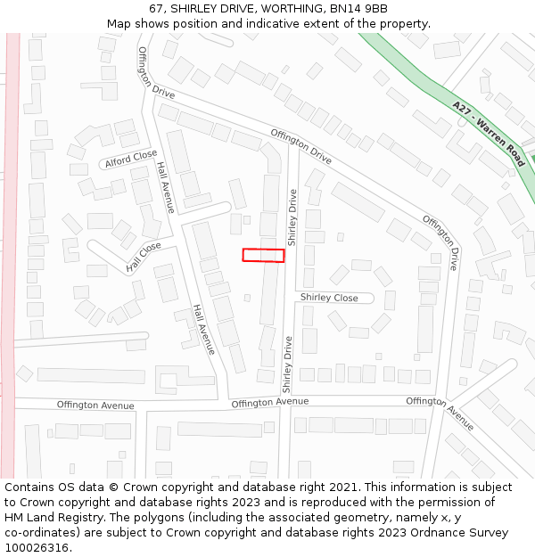 67, SHIRLEY DRIVE, WORTHING, BN14 9BB: Location map and indicative extent of plot