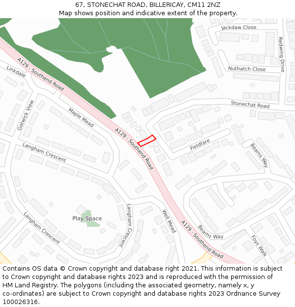 67, STONECHAT ROAD, BILLERICAY, CM11 2NZ: Location map and indicative extent of plot