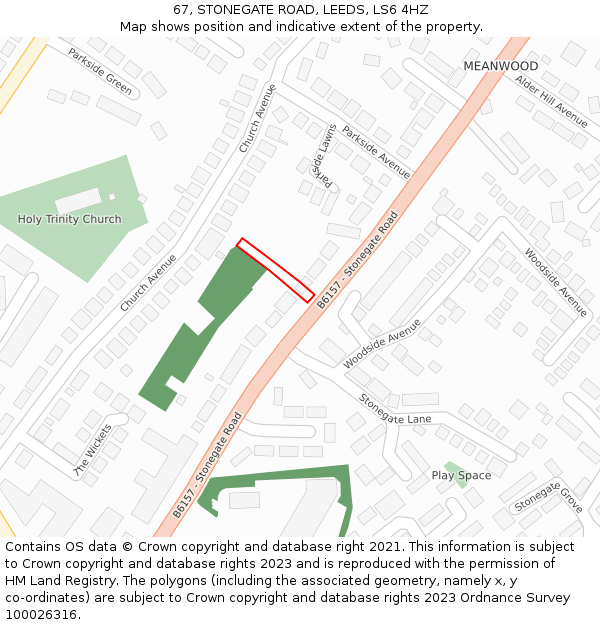 67, STONEGATE ROAD, LEEDS, LS6 4HZ: Location map and indicative extent of plot