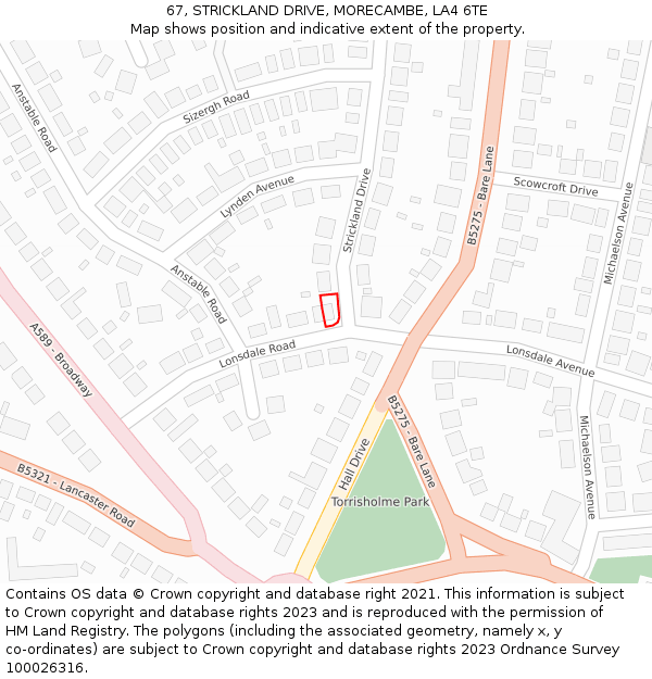67, STRICKLAND DRIVE, MORECAMBE, LA4 6TE: Location map and indicative extent of plot