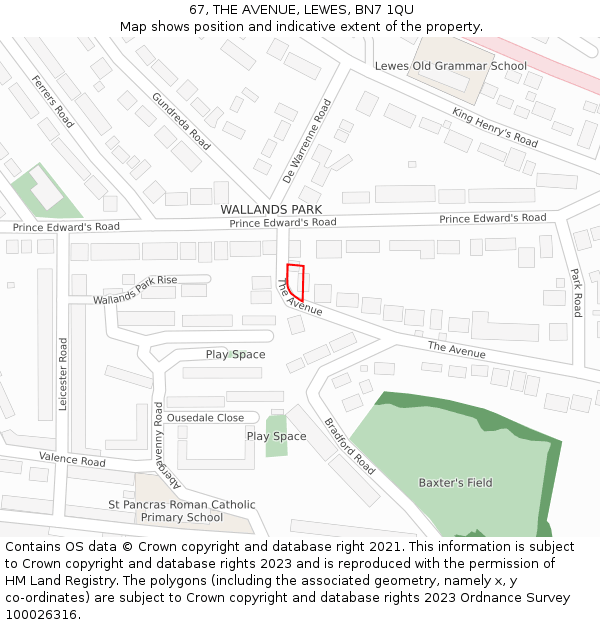 67, THE AVENUE, LEWES, BN7 1QU: Location map and indicative extent of plot