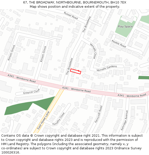 67, THE BROADWAY, NORTHBOURNE, BOURNEMOUTH, BH10 7EX: Location map and indicative extent of plot