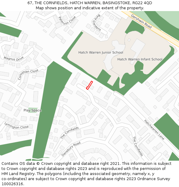 67, THE CORNFIELDS, HATCH WARREN, BASINGSTOKE, RG22 4QD: Location map and indicative extent of plot